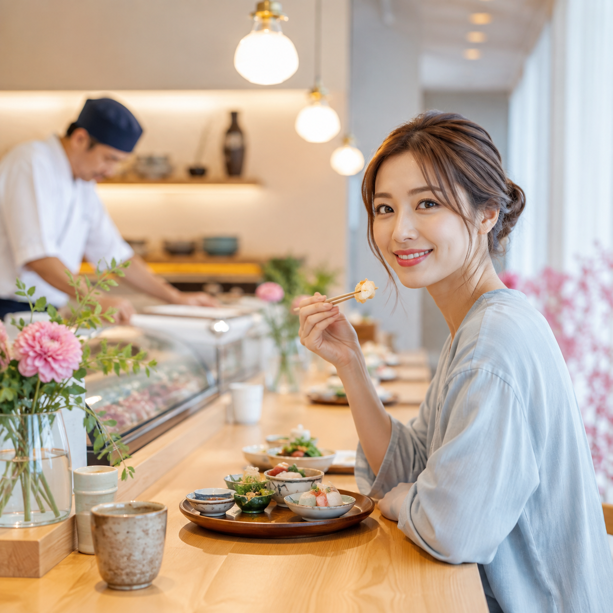 飲食店で料理を楽しむ女性