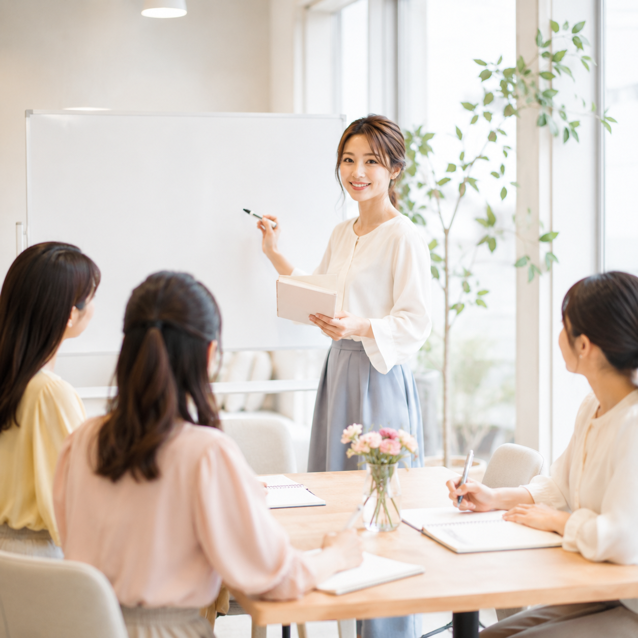 スクールで講座を行う女性